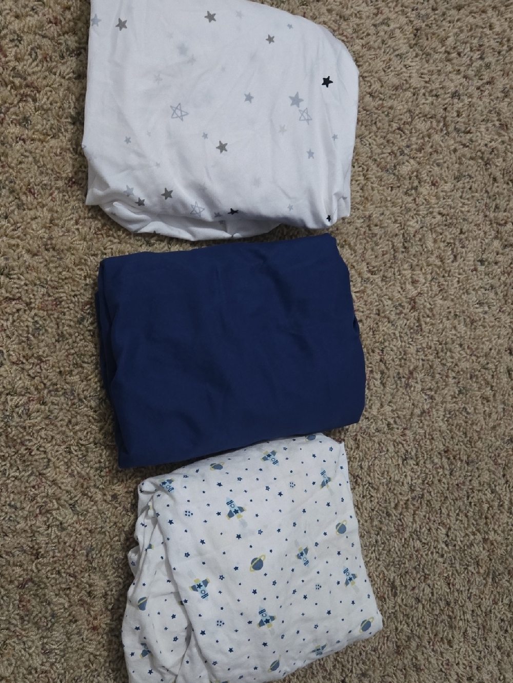White With Space Ships, Navy Star Print & Solid Blue Fitted Sheets Set Of 3!